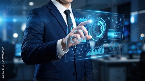 Businessman Interacting with Futuristic Digital Interface Technology.