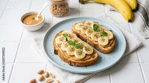 Toasted Bread with Peanut Butter Banana Slices and Chia Seeds Topping