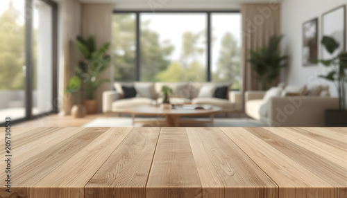 Empty Wooden Table Top with Blurred Cozy Minimalist Living Room Background