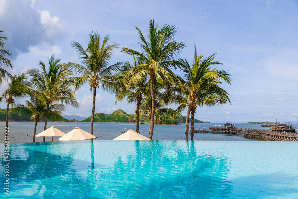 Obraz premium Luxury tropical resort swimming pool with palm trees and ocean view