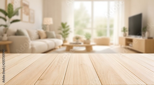 Empty Wooden Table Top with Blurred Cozy Minimalist Living Room Background