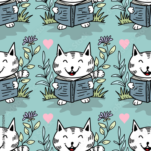 Seamless pattern with cute cat reading a book. Vector illustration.