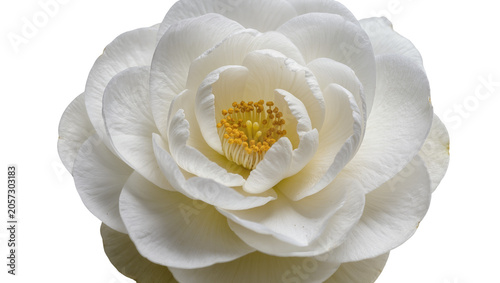 Fotografie White Camellia flower with yellow stamens close-up