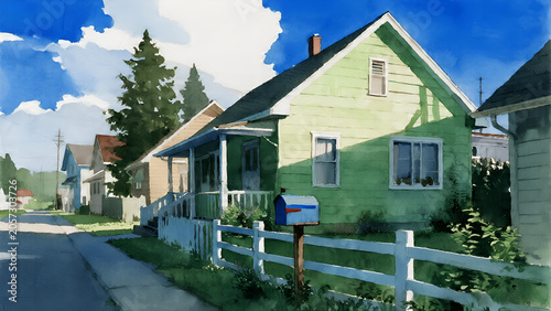 A beautiful watercolor painting of a suburban street featuring a light green house with a white fence and a mailbox under a bright blue sky.