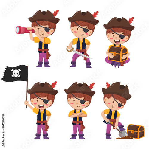 Cute Cartoon Boy Pirate Character Set
