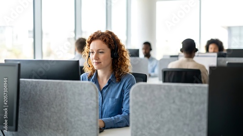 Young woman working in a call center wearing a headset and looking at computer screen with focus and concentration in modern office.