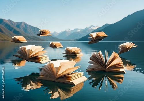 Surreal scene of open books flying over a calm mountain lake landscape.
