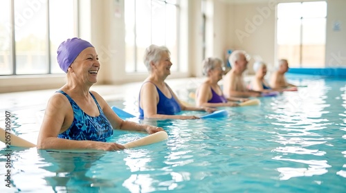 Joyful senior woman laughing wearing purple swim cap during water aerobics class with pool noodles in indoor swimming pool exercising happily.