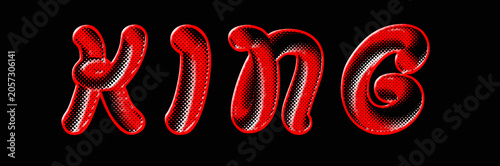 3D Red King Text Effect with Halftone Dot Pattern and Glossy Outlines on Black Background