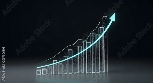 Financial growth bar chart with rising arrow, glowing digital business graph on dark background, 3D data visualization for success and profit