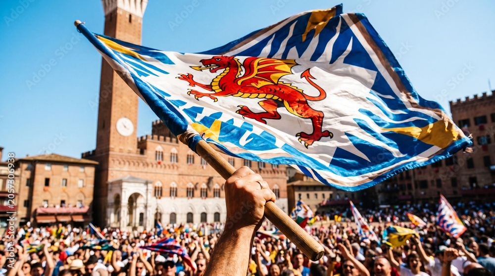 Naklejka premium Hand waving a medieval contrada flag at the historic Palio di Siena in Italy