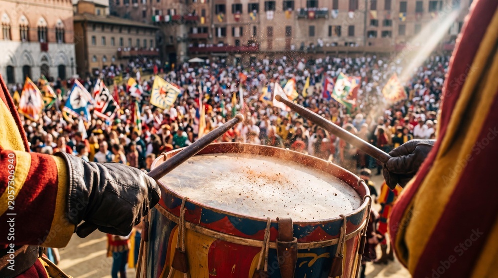 Naklejka premium Medieval drummer playing a drum during the historic Palio di Siena parade