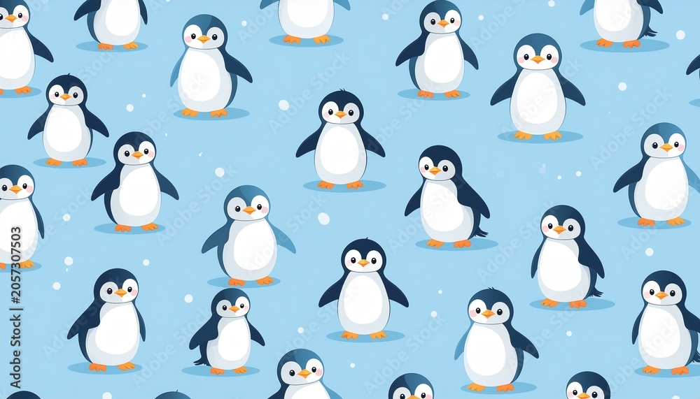 Obraz premium Cute winter penguin seamless pattern vector illustration on blue background