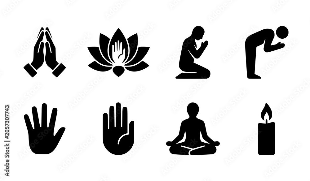 Fototapeta premium Minimalist prayer and respect flat vector icons set with professional namaste folded hands gratitude and corporate appreciation symbols