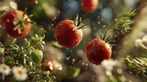 A dynamic close-up captures cherry tomatoes and fresh herbs bursting with vibrant color and life, suspended in mid-air, hinting at a fresh and flavorful culinary experience.