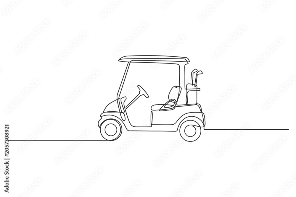 Naklejka premium Continuous single line drawing of a golf cart parked on a golf course with transportation minimalist continuous illustration recreation activity movement vacation equipment steering electric