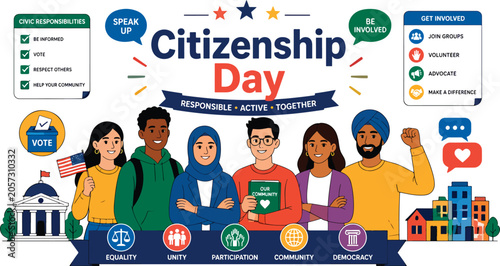 Citizenship Day flat vector illustration featuring diverse citizens standing together in unity, surrounded by community symbols