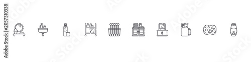 Foto set of 10 thin line bathroom icons such as mirror, sink, spray, trolley, cotton swabs, cabinet, sink, toothbrush, sponge, shampoo