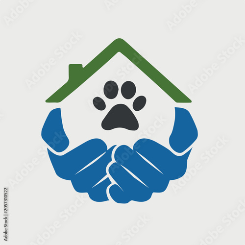 Animal shelter logo concept with hands holding a paw print and a house roof outline