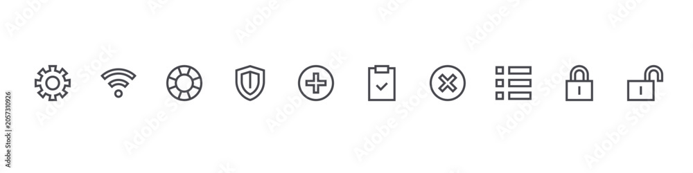 Fototapeta premium set of 10 thin line web essentials icons such as option, wifi, lifesaver, shield, add, clipboard, cancel, menu, lock, unlock. editable stroke vector illustration isolated on white