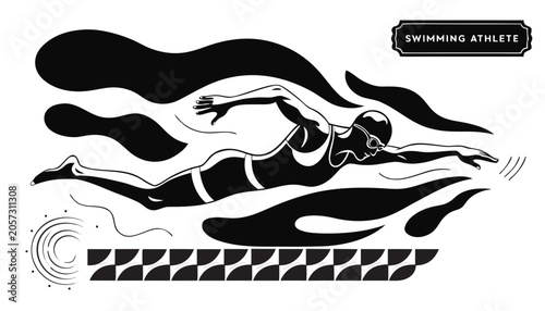 Schilderij op canvas Very beautiful black-and-white engraved vector illustration featuring a SWIMMING