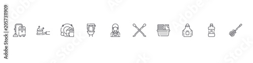 Fotografia set of 10 thin line cleaning icons such as vacuum, toothbrush, clean dishes, toilet, maid, cotton swabs, laundry, apron, mouthwash, toilet brush
