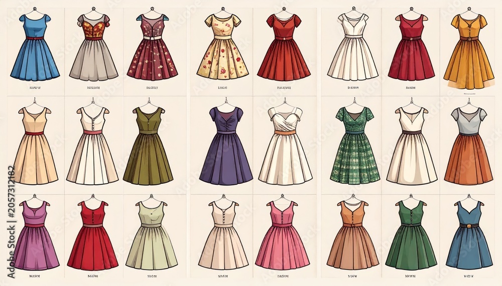 Fototapeta premium Array of colorful vintage dresses on mannequins