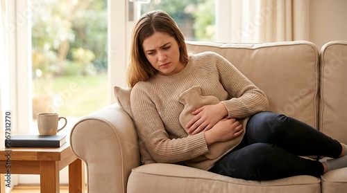 Woman with stomach pain holds hot water bottle on sofa, feeling unwell, discomfort, pain relief at home, healthcare.
