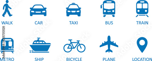 Schilderij op canvas Transportation Icon Set in Blue Featuring Car, Walking, Vehicles, and Land Travel Symbols