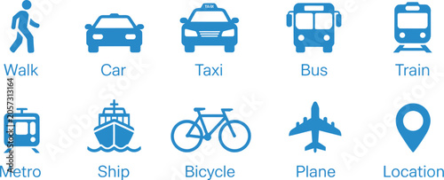 Foto Transportation Icon Set in Blue Featuring Car, Walking, Vehicles, and Land Travel Symbols