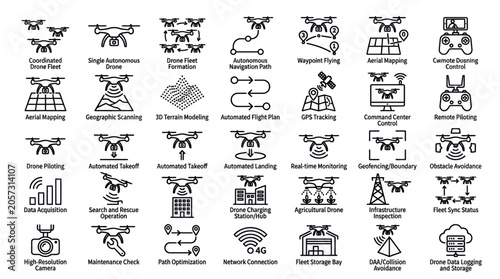Drone technology and management icons for business and industrial use cases