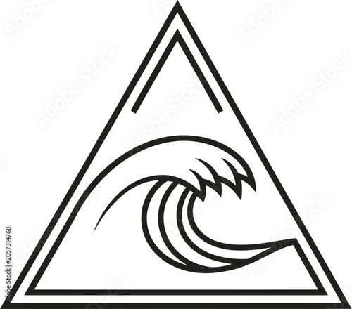 Surfing wave graphic contained within a triangular border reflects an adventurous coastal spirit.