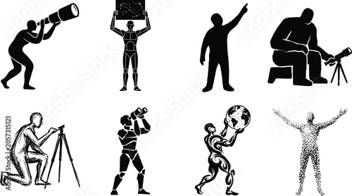 Bild auf Leinwand Astronomer and stargazer silhouettes set featuring people using telescopes, bino