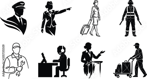 Quadro em tela Aviation and airport staff silhouettes set featuring airline captain, flight att