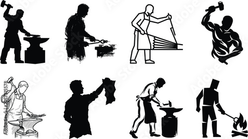Tableau sur toile Blacksmith and metal forge worker silhouettes set featuring artisans hammering h