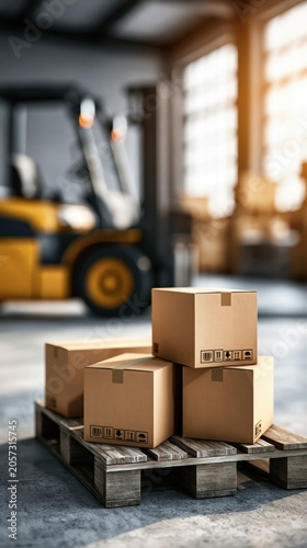 Delivery boxes preparing for shipment at warehouse loading dock with forklift in background, logistics and shipping concept image with copy space