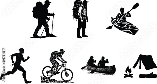 Billede på lærred Set of black and white outdoor adventure and extreme sports icons featuring hiki