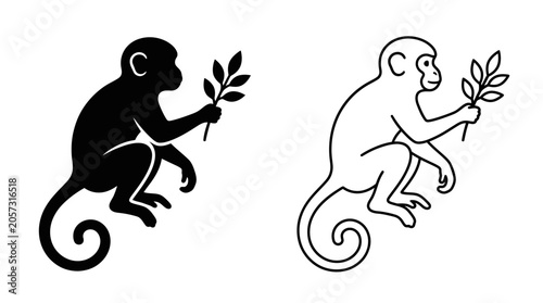 Photography Monkey Silhouette Holding Branch Black And White Line Art