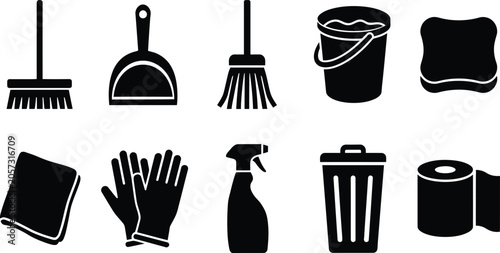 Black and white cleaning icons set including broom dustpan bucket gloves and more