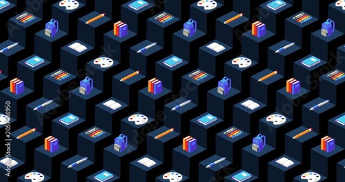 Colored back to school motion graphic loop of education icons on geometric background