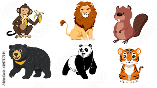 Photography ​Cute Cartoon Wild Animal Vector Set with Monkey Eating Banana Lion Beaver Sun B