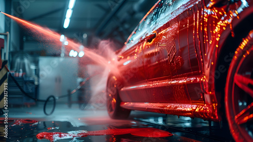 Shiny red car being washed in modern auto detailing workshop