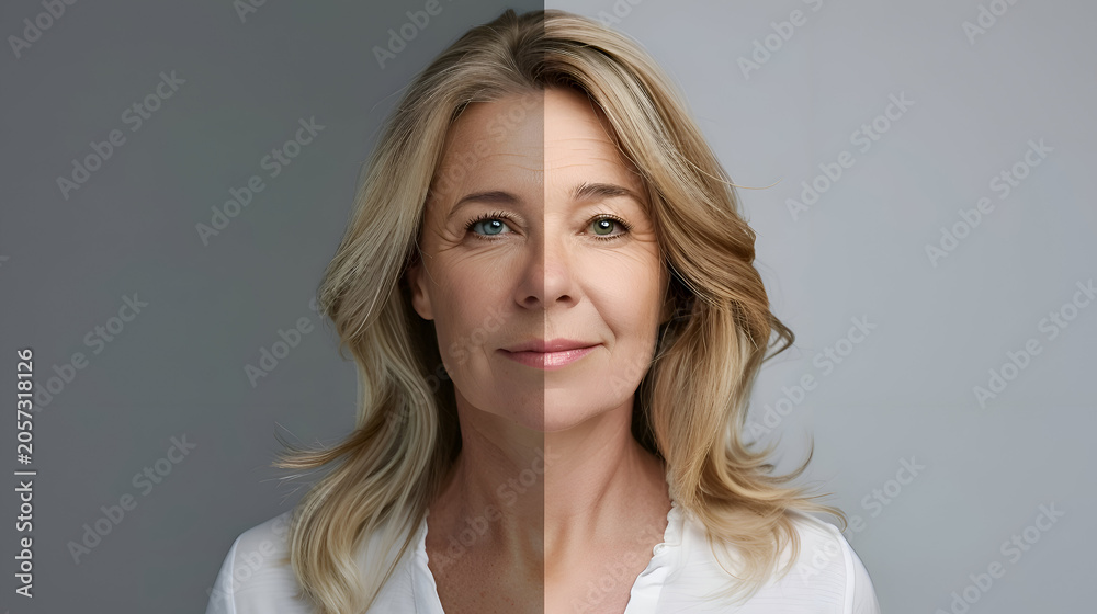 Fototapeta premium Caucasian mature female aging concept with split-face comparison