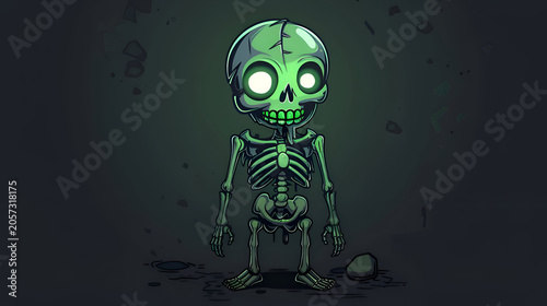 Glowing cartoon skeleton character with eerie green light