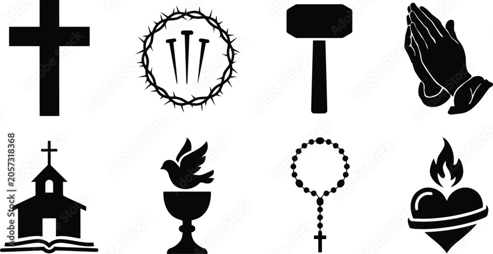 Naklejka premium Christian symbolism collection icons of faith including cross crown of thorns and praying hands