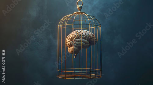 Human brain in golden cage against dark atmospheric background