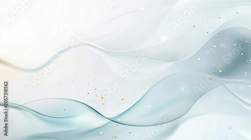 Abstract airy blue wave background with flowing translucent curves and golden particles. Generative AI
