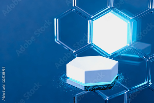 A 3D rendered image featuring hexagonal glass structures, a glowing cyan hexagon, and a white hexagonal podium on a grey background, representing modern tech design.