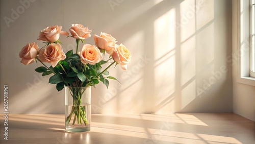 A bouquet of delicate peach roses in a clear glass vase sits on a light wooden surface, bathed in soft sunlight streaming through a nearby window.