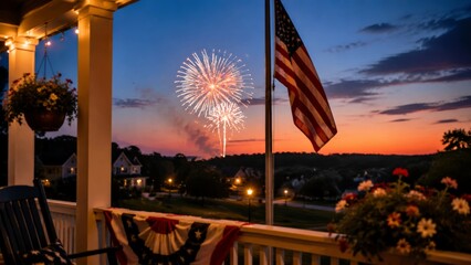 A decorated porch at dusk frames a view of colorful fireworks bursting over a distant landscape. The scene shows a hanging flower basket, wooden railing